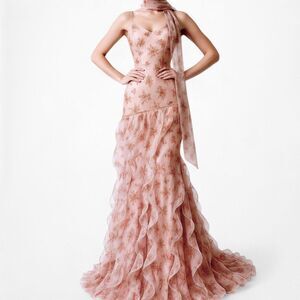 Vintage Pink Organza Floral Beaded Ruffle Flared Maxi Prom Dress Size M